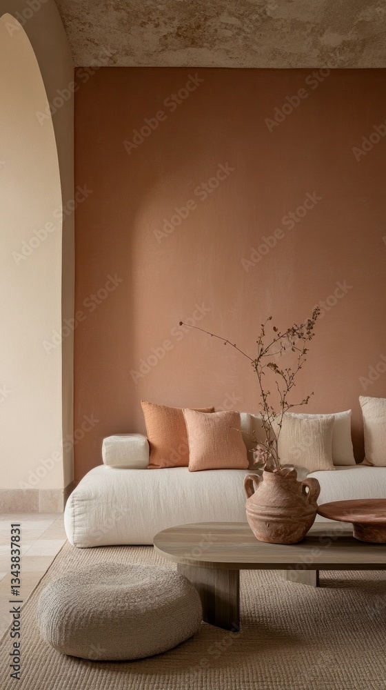 Poster an inviting living area features a plush white sofa adorned with soft, muted cushions. a simple wood