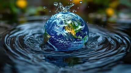 Earth submerged in water, ripples and splashes