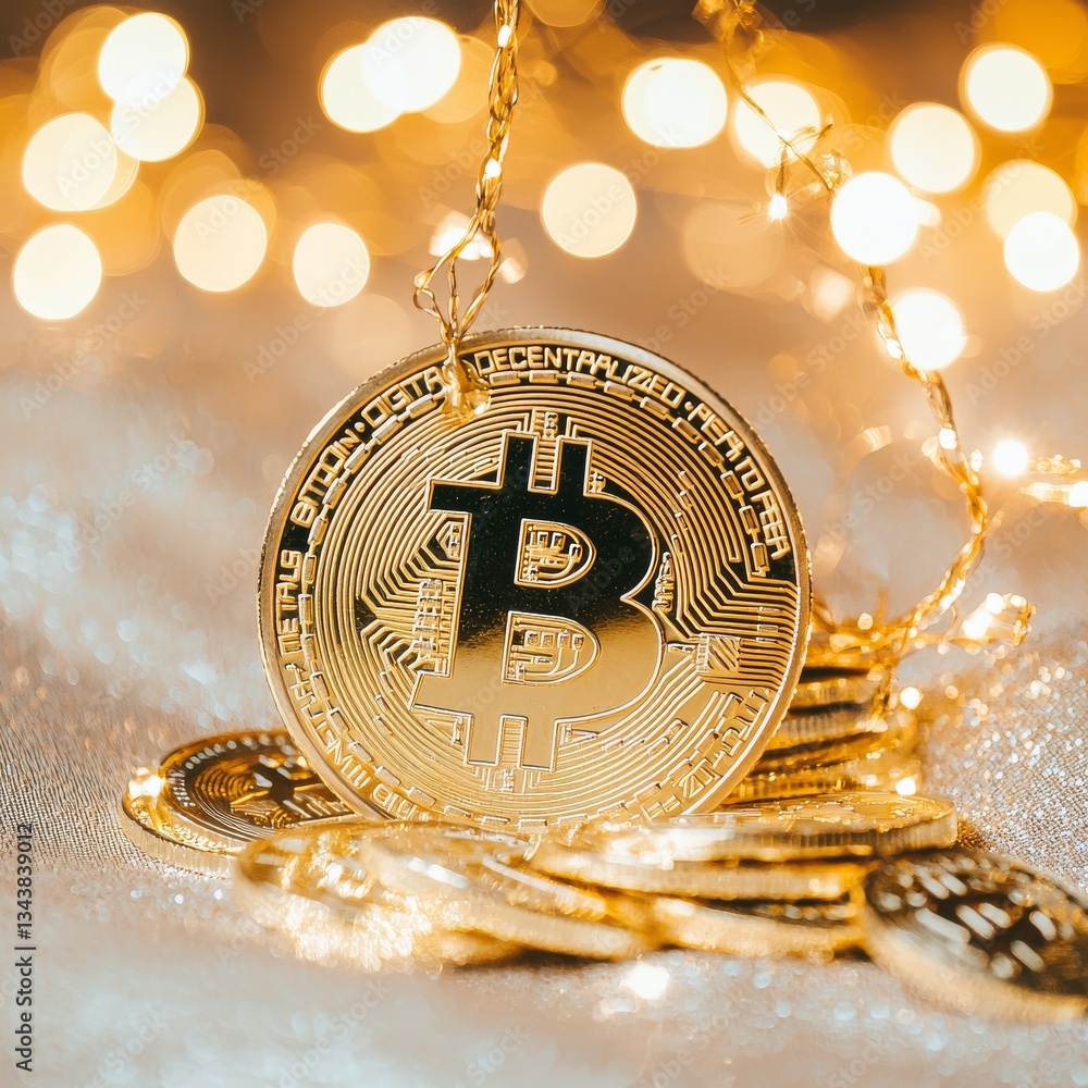 Poster the image features a golden bitcoin coin positioned on a shimmering surface with a bright background
