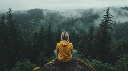 At the mountain's peak, a traveler is drinking in the majestic vista, embodying the exhilaration of exploration and the sense of achievement