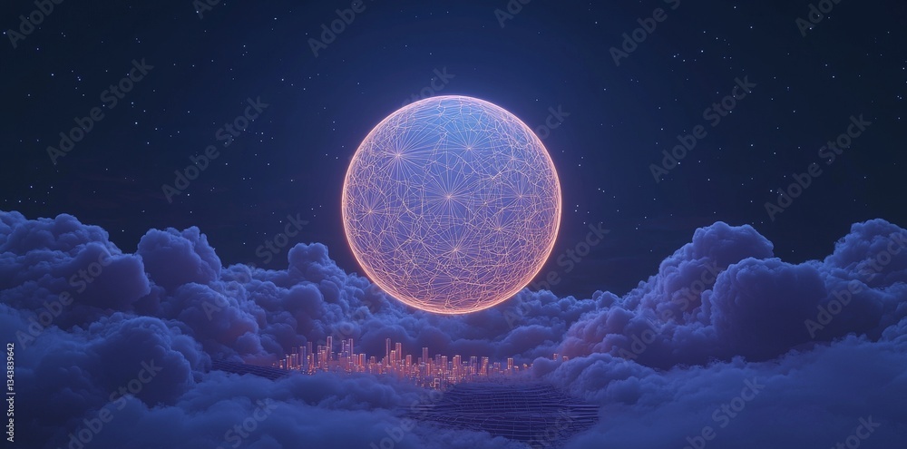 Poster the concept of a digital globe set against a cityscape at dusk, complete with network connections an