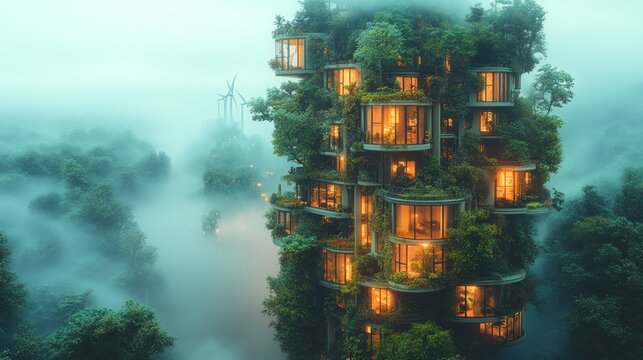 Eco-friendly tower in a misty forest