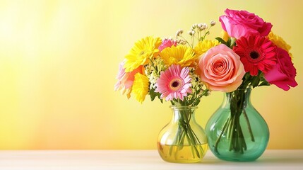 Colorful roses and gerbera daisies in vases, yellow background, floral composition, Close-up, Floral composition for Mother's Day, wedding, or other events, copy space, banner template