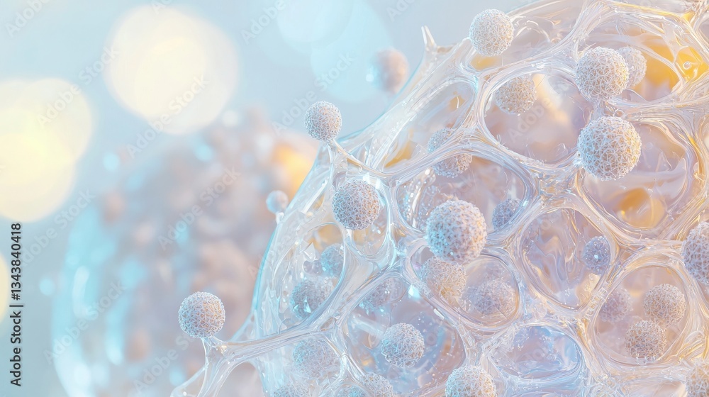 Poster cells and bubbles are visible in intricate detail against a blue backdrop when viewed under a micros