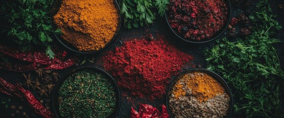 Colorful spices arranged in decorative bowls tempt the senses to explore their flavors