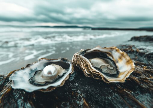 Open oyster shell with a pearl on a rocky seashore.