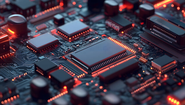 High-Tech Circuit Board Design Close-up of Red and Black Components