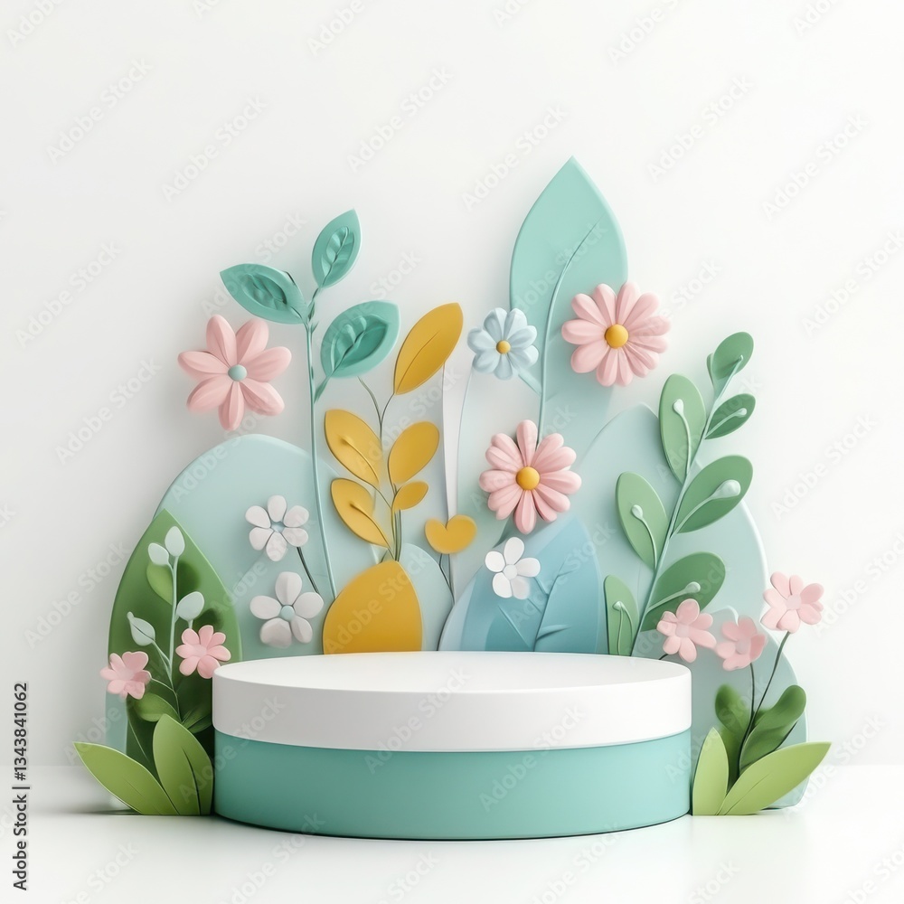 Poster pastel flower background with circular display platform for product presentation