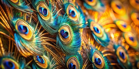 Close-up Tilt-Shift of Painted Peacock Feathers: Blue and Gold Texture Art