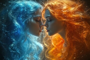 Naklejka premium Three Ethereal Mermaids Underwater Digital Art Hyper-Realistic Colorful Portraits