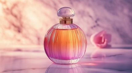 Elegant fragrance bottle with a gradient design on a marble surface illuminated by soft light