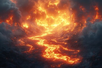 Fototapeta premium Dramatic Volcanic Landscape with Molten Lava Under Dark Clouds