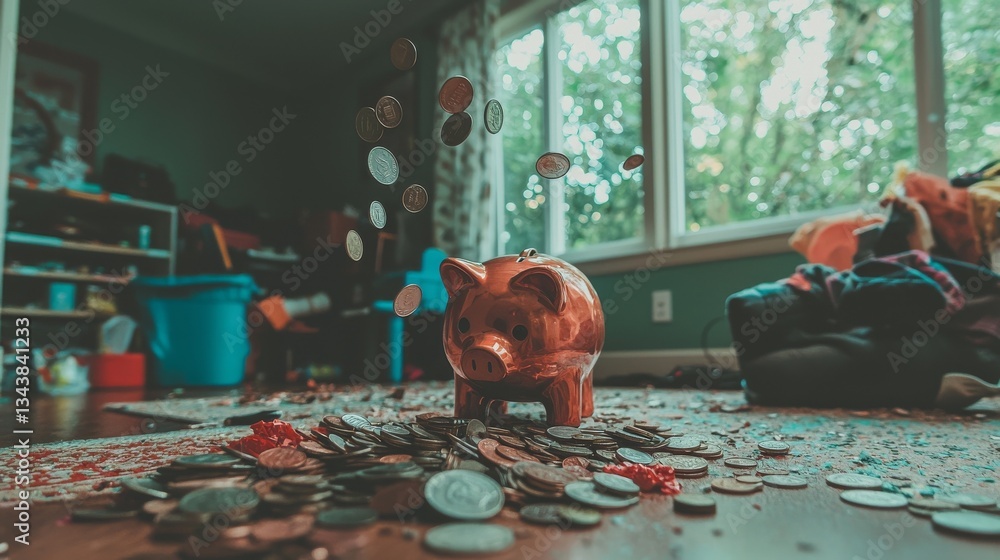 Poster a piggy bank encircled by coins that are scattered about signifies the notion of saving and the grow
