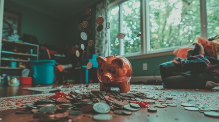 A piggy bank encircled by coins that are scattered about signifies the notion of saving and the growth of one's finances