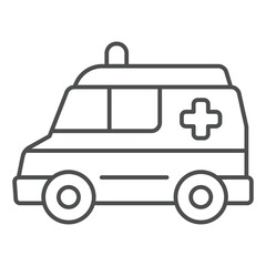 Ambulance car thin line icon, emergency service concept. Vector graphics. Paramedic rescue van with siren lamp, plus sign on white background, outline style icon for mobile or web design.