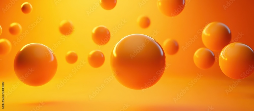 Poster Abstract Display of Floating Yellow Spheres and Orange Platform in Minimal Studio Room
