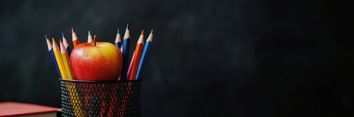 Apple and pencils on a teacher's desk with a dark chalkboard backdrop.