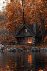 Fototapeta premium Lake Cabin Surrounding Trees
