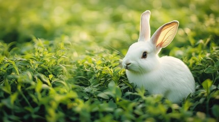 Fototapeta premium White rabbit in green field