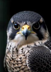 Close-up portrait of a peregrine falcon showing detailed plumage and intense gaze.