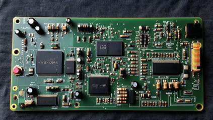 Fototapeta premium Detailed Close-up of a Green Printed Circuit Board with Various Components