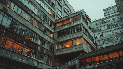 Obraz premium Brutalist architecture of an old residential building with glowing orange windows, creating a moody urban atmosphere at dusk