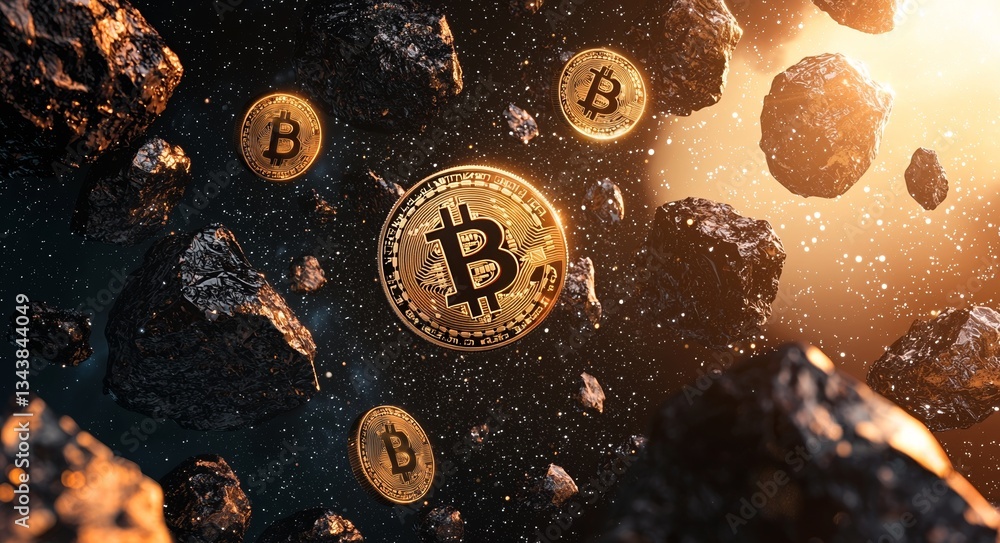 Poster scene of floating bitcoin coins set against a backdrop of graphs highlighting the increasing value o