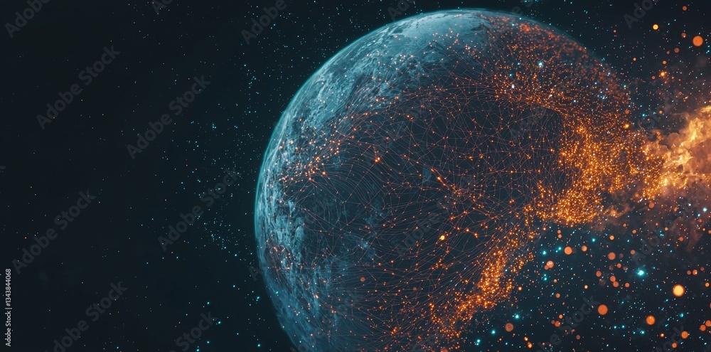 Poster a futuristic digital world map is represented by a glowing sphere with geometric lines for global bu