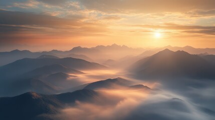 Mountain Range at Golden Sunrise with Fog