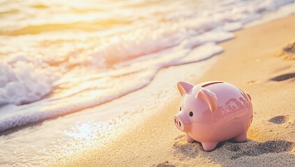 On a sandy beach, a piggy bank serves as a symbol for accumulating funds for a leisurely vacation experience