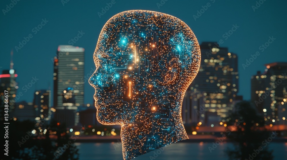 Poster the futuristic concept of a glowing blue digital figure highlights the integration of intelligence a