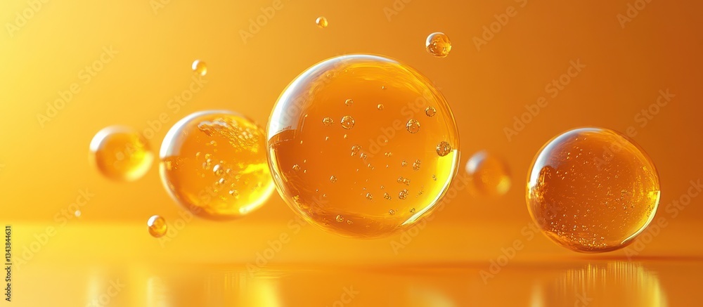 Poster abstract display of floating yellow spheres on vibrant orange background with minimalistic geometric