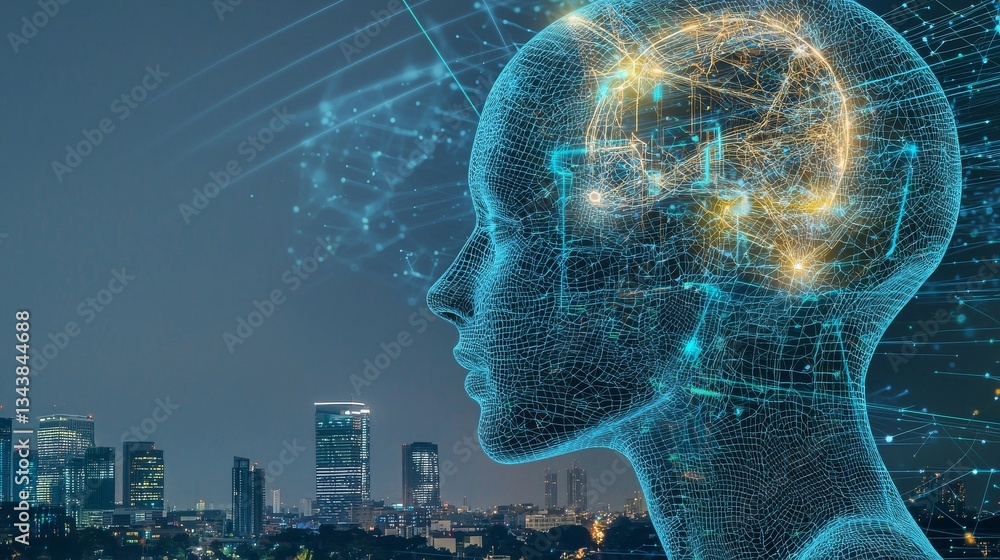 Poster in a cyber setting, a radiant blue digital representation illustrates the potential of intelligent t
