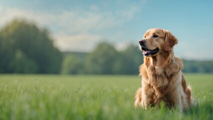 Fototapeta premium Golden Retriever in a green field on a sunny day