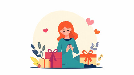 Obraz premium A modern flat design illustration of a gift for a beloved woman using vibrant complementary colors, simple two-dimensional