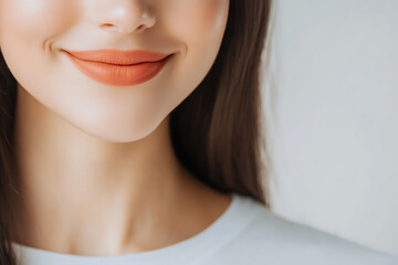 Close-up of female plump natural lips with a minimalistic aesthetic, showcasing realistic texture, soft natural lighting, and a subtle shine