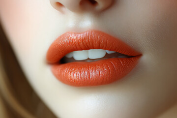 Fototapeta premium Close-up of female plump natural lips with a minimalistic aesthetic, showcasing realistic texture, soft natural lighting, and a subtle shine