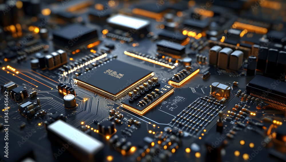 Poster glowing circuit board close-up of advanced microchip technology