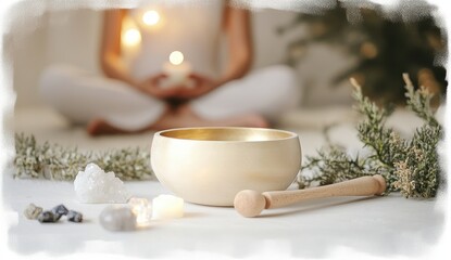 Meditative setup with singing bowl and candles indoors.