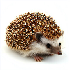Fototapeta premium Hedgehog with distinctive quills and striped bands resting on a white background