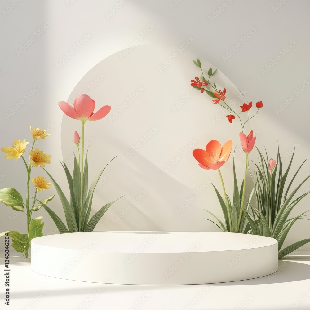 Poster elegant minimalist white product display platform with delicate spring flowers and soft sunlight