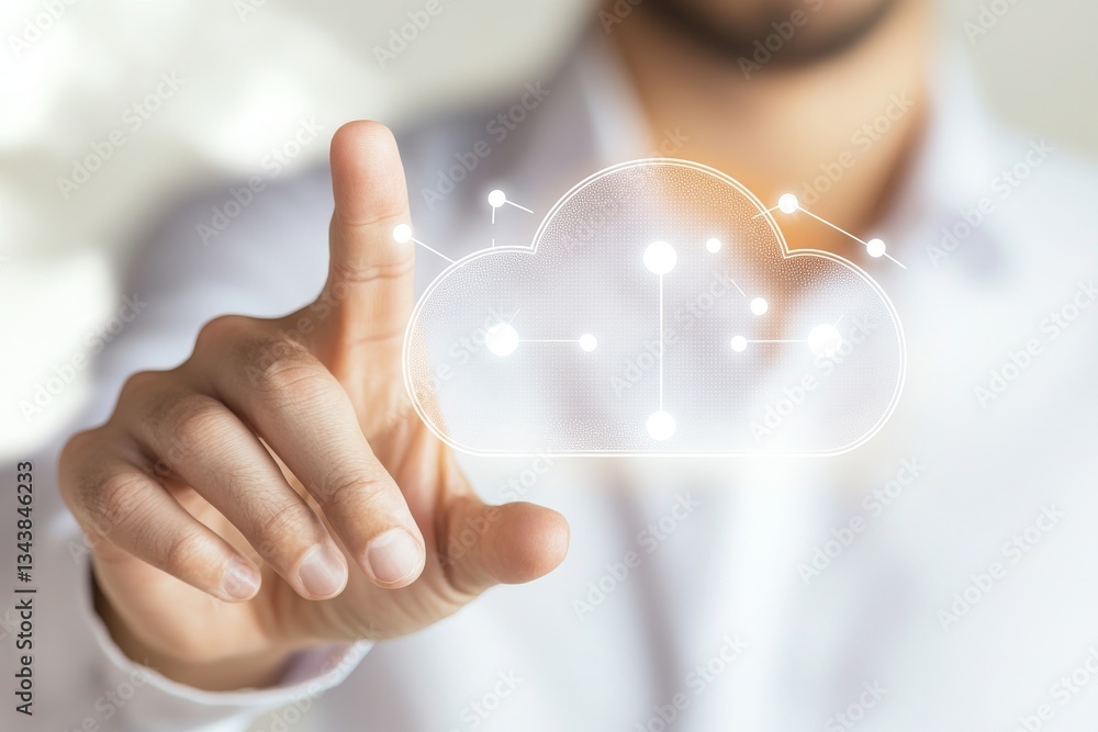 Poster an engineer or a businessman is demonstrating a cloud network system that represents the future of i