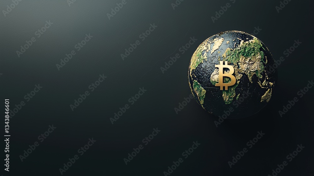 Poster a globe adorned with the bitcoin symbol signifies the relationship between cryptocurrency and global
