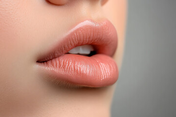 Fototapeta premium Close-up of female plump natural lips with a minimalistic aesthetic, showcasing realistic texture, soft natural lighting, and a subtle shine