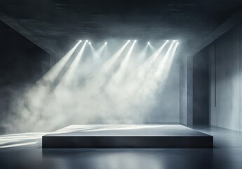 Obraz premium Empty stage illuminated by dramatic spotlights in a misty atmosphere.