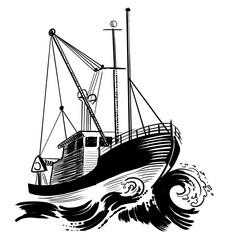 Fishing trawler. Hand drawn retro styled, black and white illustration