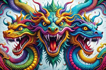 Colorful Graffiti Hydra: Mythical Creature with Multiple Heads - Stock Photo