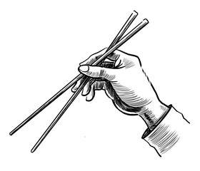 Hand holding a chopsticks. Hand drawn retro style black and white illustration