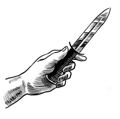 Hand holding a knife. Hand drawn retro style black and white illustration