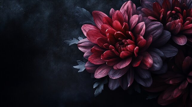 Dark red dahlias blooming in the night on a moody, black background